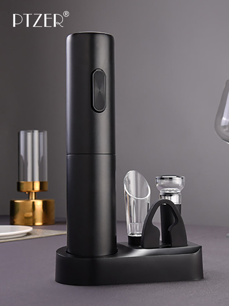 PTZER Electric Wine Bottle Opener with Set Base, Stopper, Aerator and Foil Cutter, Battery Version