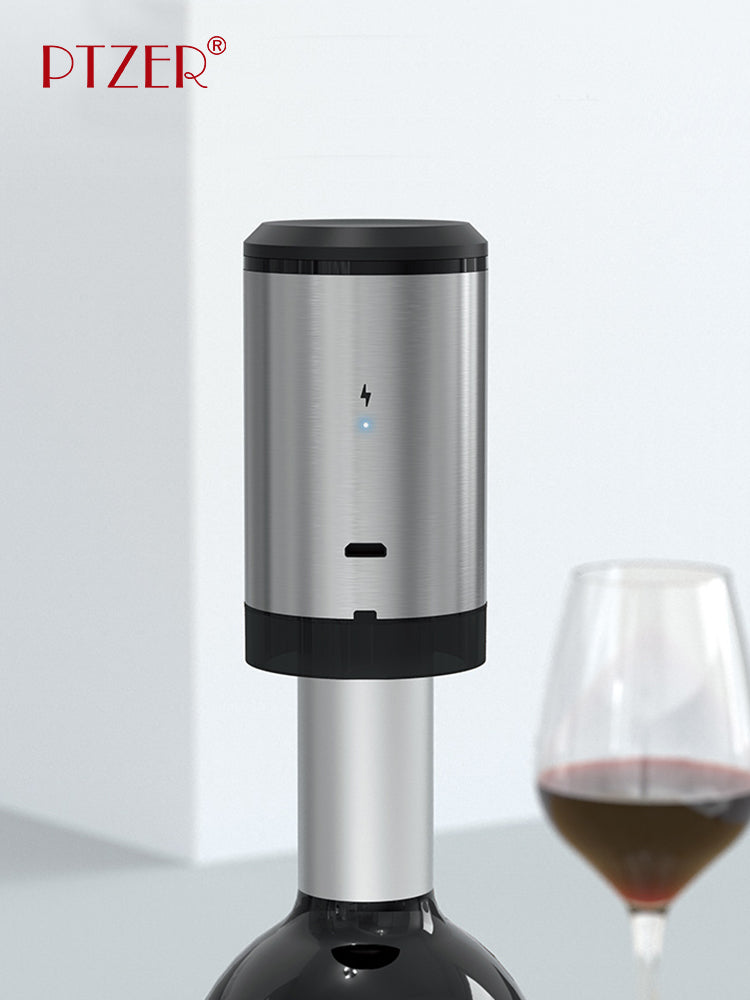 PTZER Mini Rechargeable Wine Electric Bottle Vacuum Stopper and Saver, Stainless Steel & Silicon