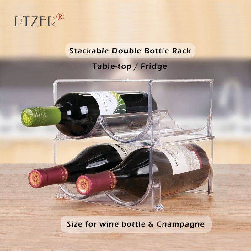 PTZER Clear Free Standing Stackable Two Wine Bottle Rack Storage Holder